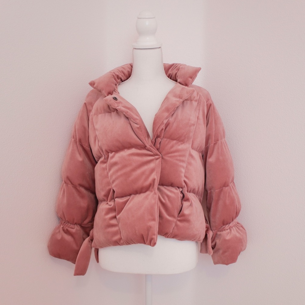 Pink velvet puffer coat